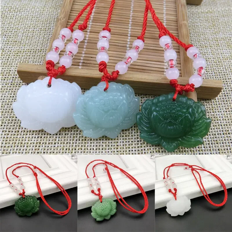 Prívesok s príveskom z prírodného jade Lotus korálky Náhrdelník kúzlo šperky módne doplnky ručne vyrezávané žena šťastie amulet
