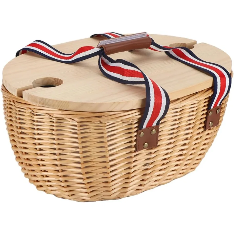 Prútené piknikové košíky súpravy s izolovaným chladičom v štýle Country Style So Cutlery Service súpravy s drevenými viečkami