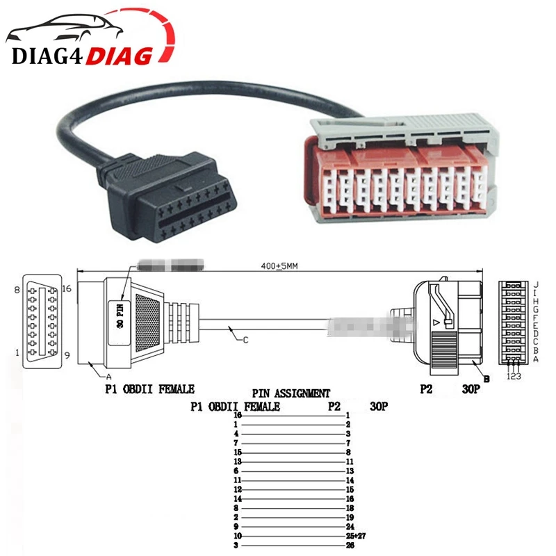 PSA 30 PIN kábel OBD2 II konektorový adaptér Lexia 30pin OBD2 Connect Cable LEXIA3 30PIN pre Peugeot/Citroen