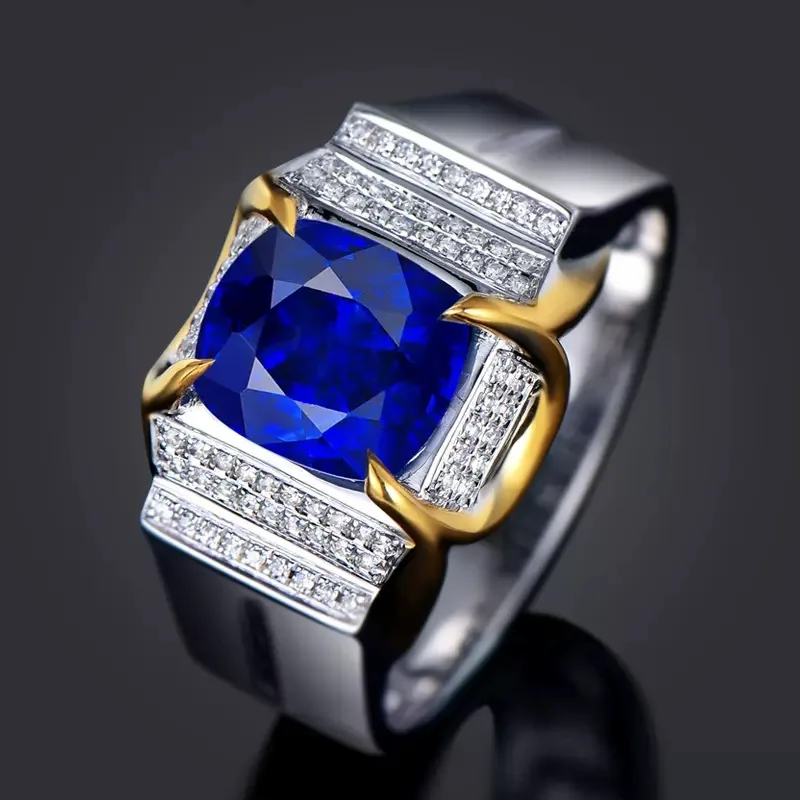 PT950 Srí Lanka Sapphire Ring Pánsky dvojfarebný zlatý Zlatý vykladaný modrý diamant sfarbený drahokamový prsteň Dámsky farebný drahokam