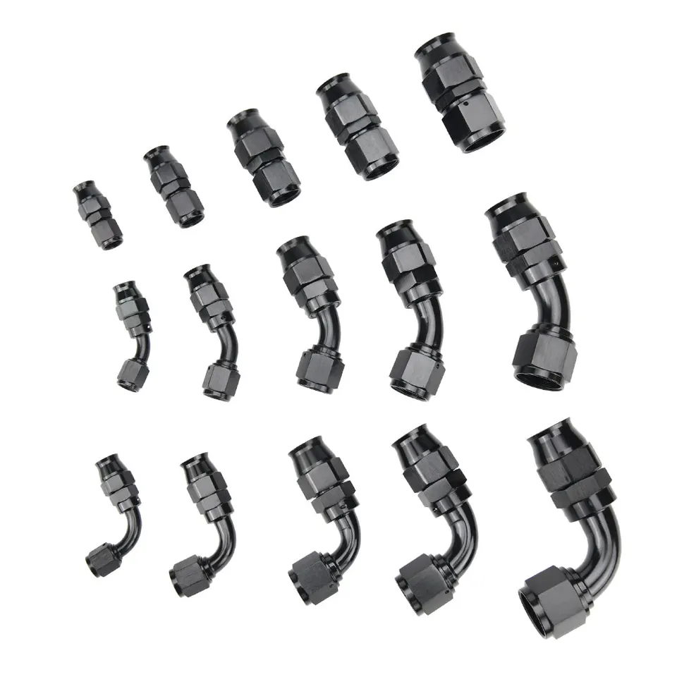PTFE SWIVEL HADECE END VAROVANIE 4AN 6AN 8AN 10AN 12AN Straight 45 90 180 stupňa pre E85 Olejové palivové súpravy hadicový adaptér hliník hliníka