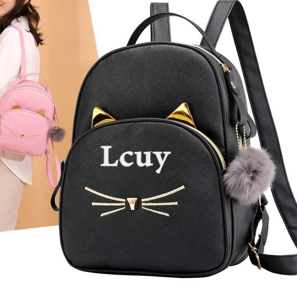 Pu Cartoon Cat Batoh personalizované meno Nové jednoduché krásne dámske tašky Vlastné dámy darček batoh čiernej ružovej farby