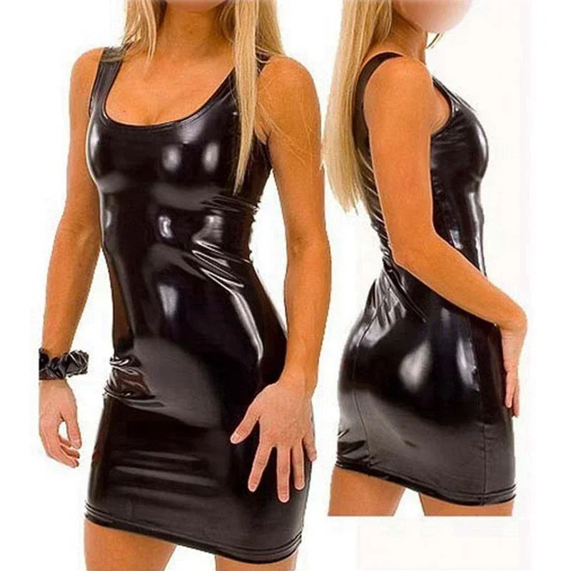 Pu faux kožená erotická klub Mini šaty Ženy Wetlook Hot Sexy latex Clubwear PVC Lingerie Catsuit lesklý šaty pól kostýmy xxxl