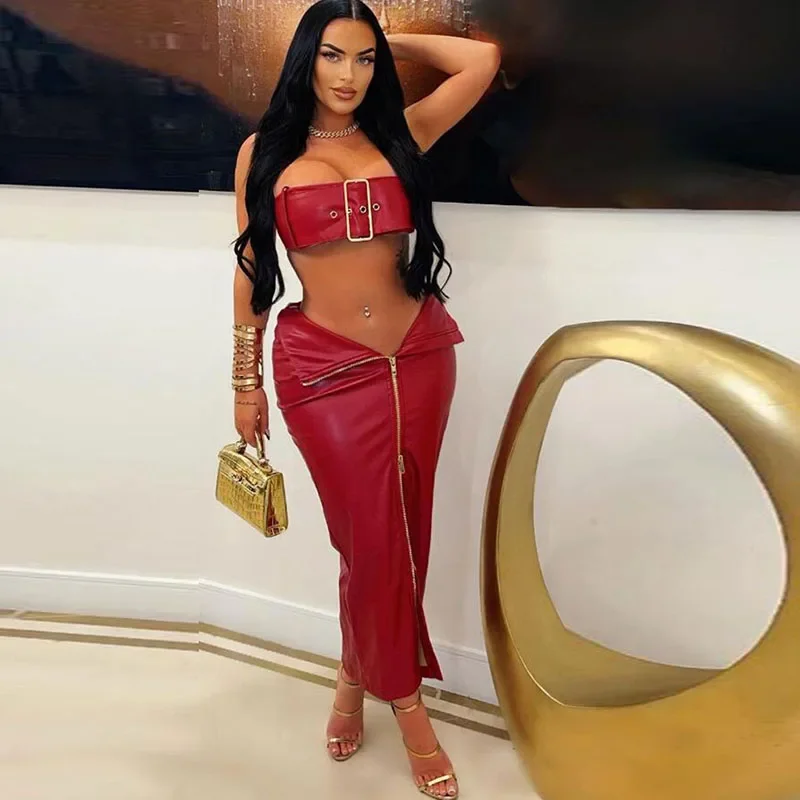 Pu faux kožený nočný klub Festival outfit Women Dva kusy set sexy gombíky bez ramienok Plodina top a dvojité zipsové sukne sukne