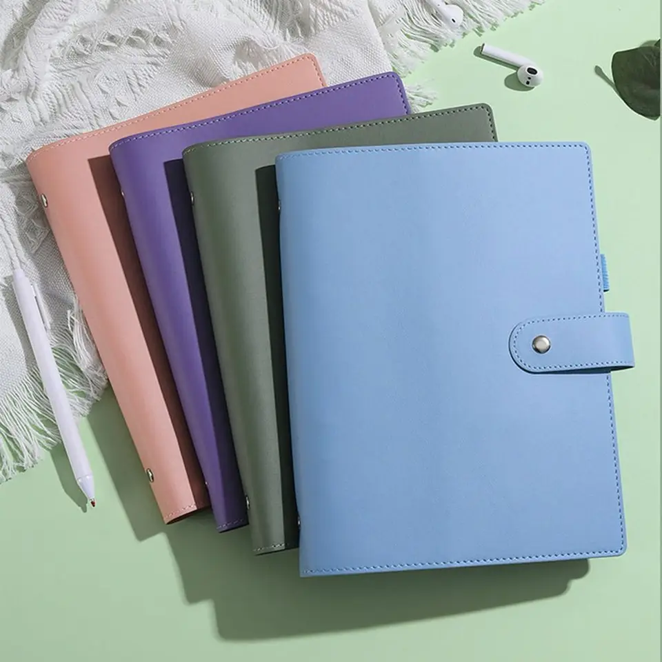 PU koža A5/A6 Binder Notebook Cover Opľbateľný 6 krúžkových spojiva Loose Leaf Notebook Cover Macaroon Farba s slotmi karty
