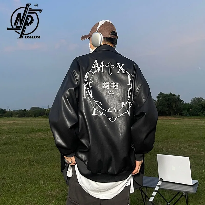 PU kožená bunda Men Coats krížový list výšivka bombardér baseball Kórejská móda jesenná unisex motocyklová bunda