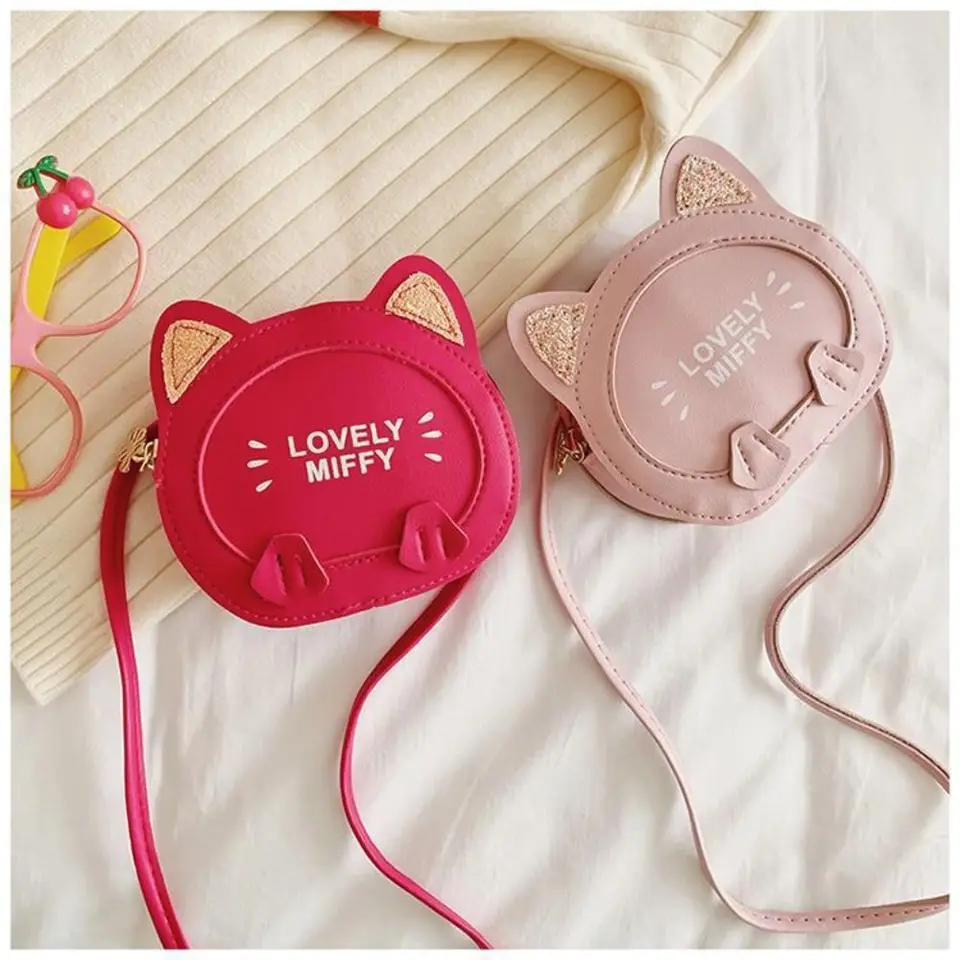 PU kožená detská taška na rameno roztomilé karikatúru mačka Soild Color Small Crossbody Bag zips mini kabelky mince kabelky