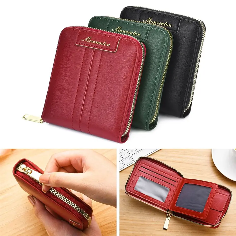 PU kožená dámska krátka peňaženka Simple Zipper Multi slot Coin Coin Curese Solid Color Držiteľ kreditnej karty