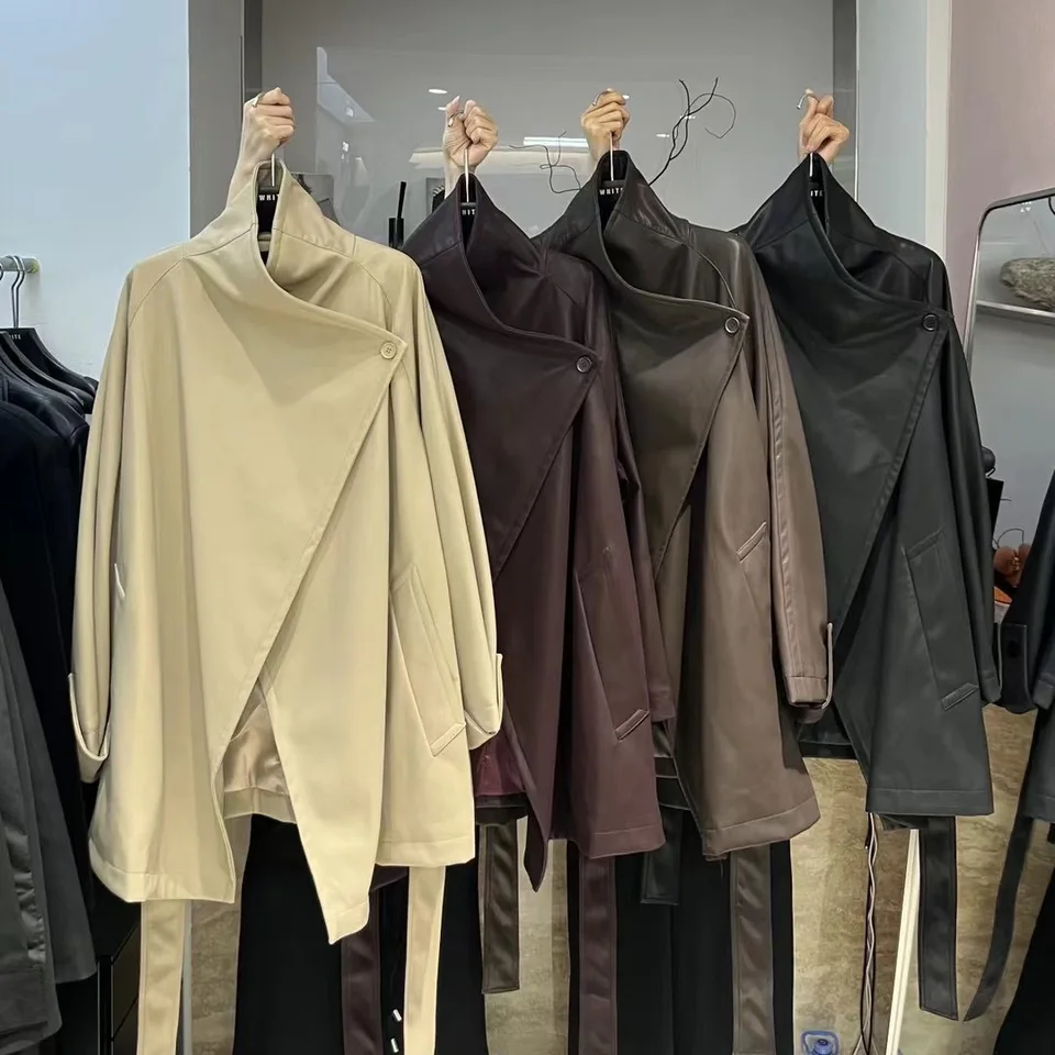 PU kožený kórejský štýl Vintage Trench Coat Female 2024 Jeseň Nový voľný pás stojanový golier módy dlhé vrstvy