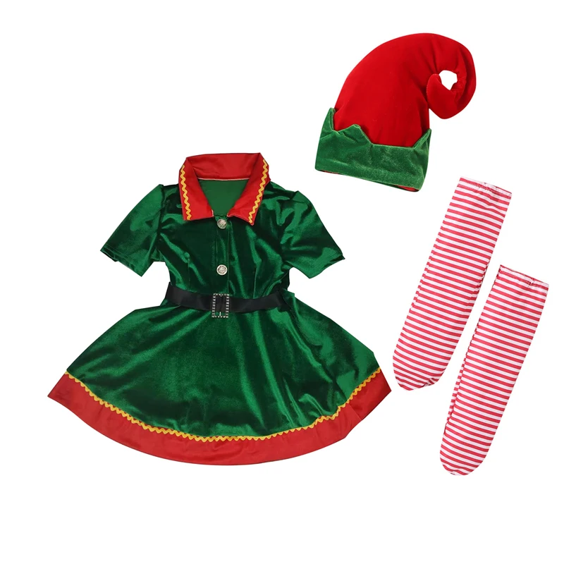 Pudcoco batoľa dievčatko vianočný škriatok kostým kontrast farby Krátke rukávy obojok šaty + klobúk + pruhované ponožky outfit 6m-5T