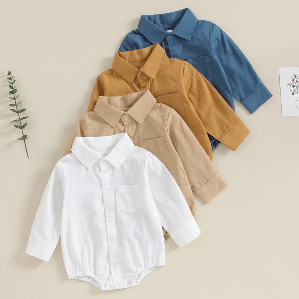 Pudcoco Dojčenské dieťa Gentleman Romper Solid Color s dlhým rukávom klop predné gombíky s gombíkom s vreckovým oblečením pre batoľa 0-24m