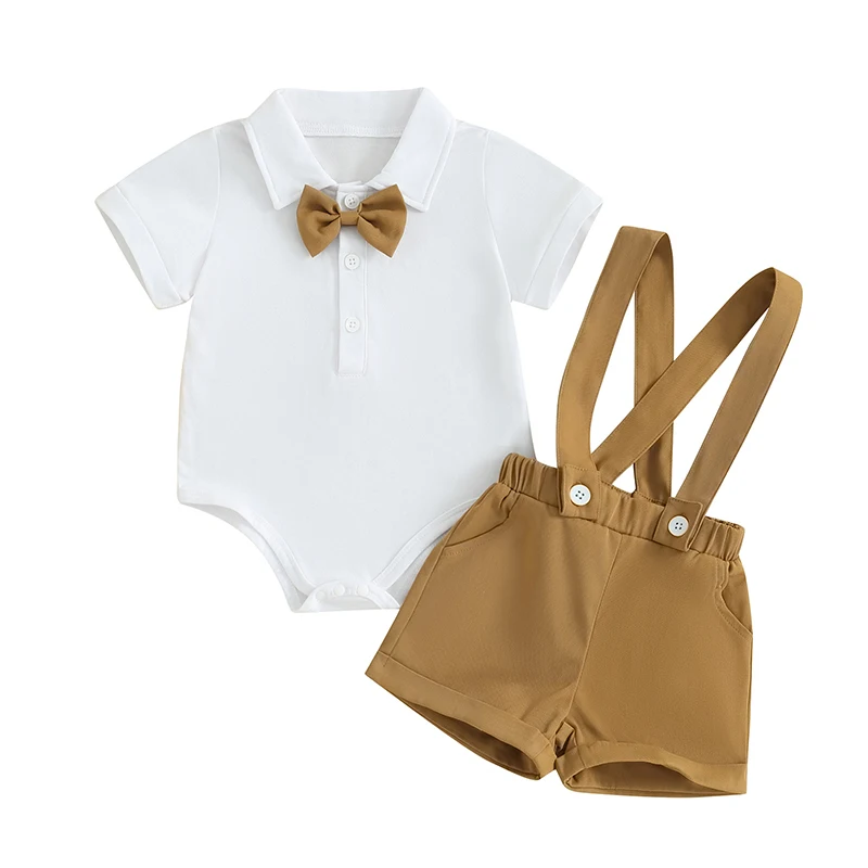 Pudcoco Formálny pán Gentleman Baby Boy Suspender Shorts Outfit Short Ruckve Button Down Bowtie Romper a Shorts Set 0-18M