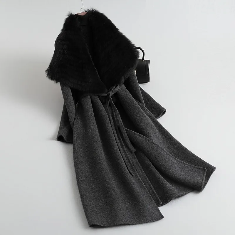 Pudi Premium Cashmere Coat Ženy 2024 Jeseň a zima nová dlhá odnímateľná kožušinová kožušina s obojstranou vlnou Tweed bunda CT459