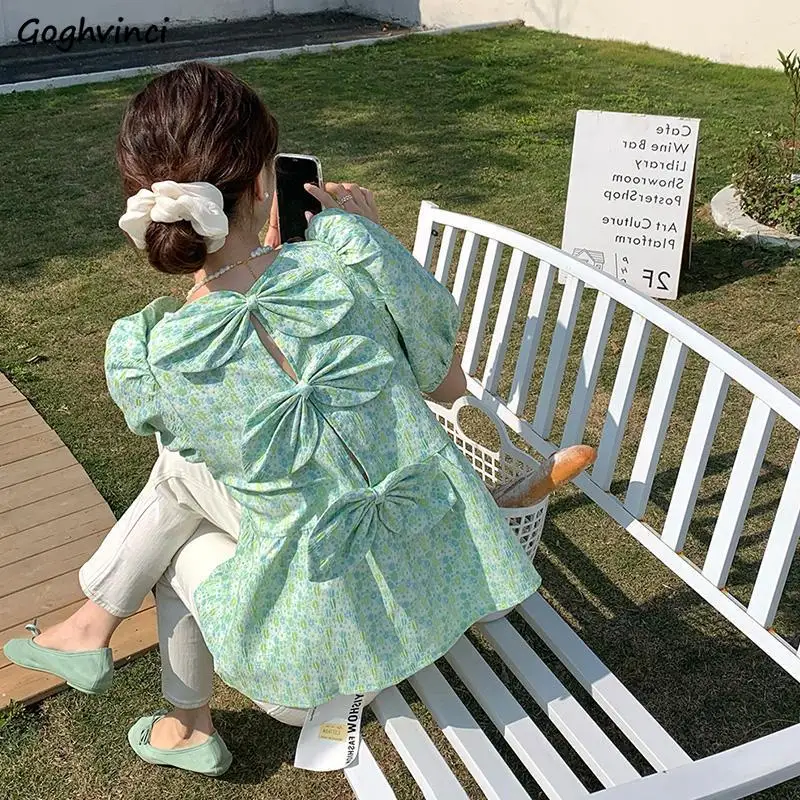 Puff rukávy blúzky Ženy Summer O-krk sladký ženský kawaii voľný elegantný štýl elegantné jemné luk-design jednoduché útulné topy