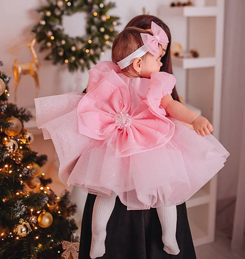 Puffy Pink Flower Girl Šaty na svadbu Kids Klesk krst princeznej 1. narodeniny deti Tutu dievčatko oblečenie prispôsobené