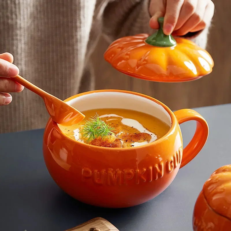 Pumpkin hrnček keramika s vekom s lyžičkou šálky kávového šálky mlieka Čaj raňajky Kreatívna rukoväť dizajn darček na pitie kuchyňa Halloween