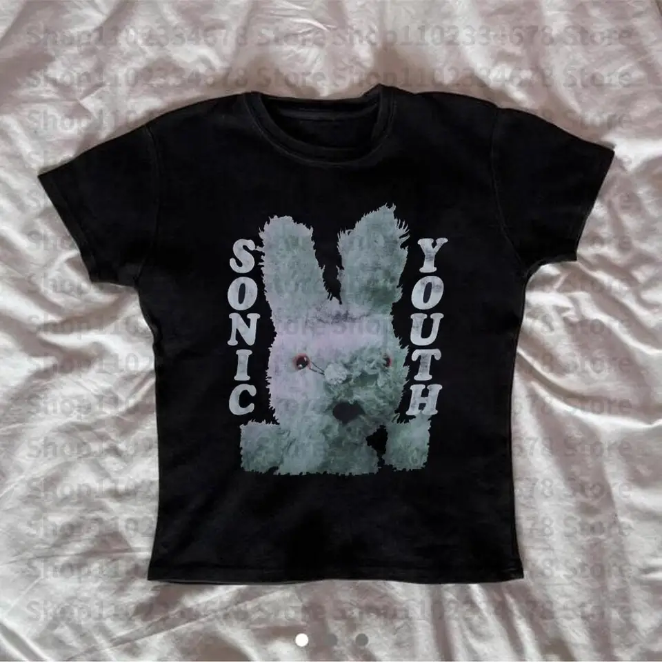 Punk Bunny Tlač neformálne tričko s krátkym rukávom Y2K oblečenie vintage gotické emo dievčatá plodiny plodiny vrcholy streetwear estetické grunge baby odpalisko