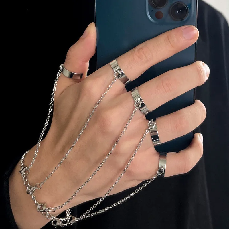 Punk geometrické strieborné farebné reťazce zápästia prstene pre ženy a mužov, Set