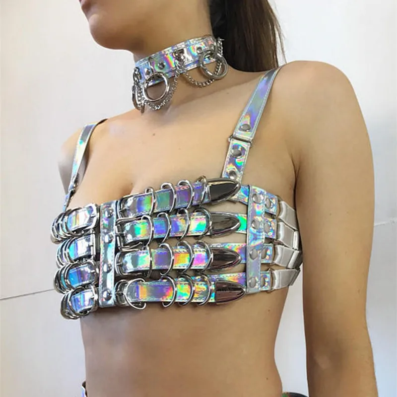 Punk gotický holografický laser sexy bez backless tops tops elegantné ulice Y2K hrudník festival Rave Party Camis nočné kluby plodina