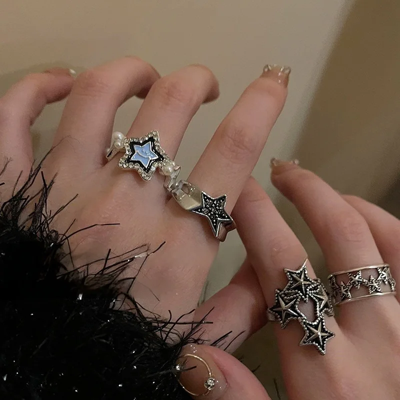 Punk pentagram Geometrický otvorený prsteň pre ženy Men gotické vinobranie nepravidelný tvar hviezdy Dutiny Rings Y2K Trendy šperky doplnky