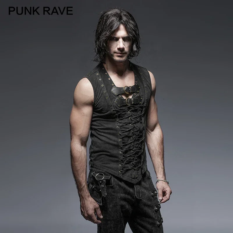 Punk Rave Black Punk Rock Cvabton Kožený pás bez rukávov bez rukávov Touch Tops Parypunk Casual Vest Goth Tanks Body