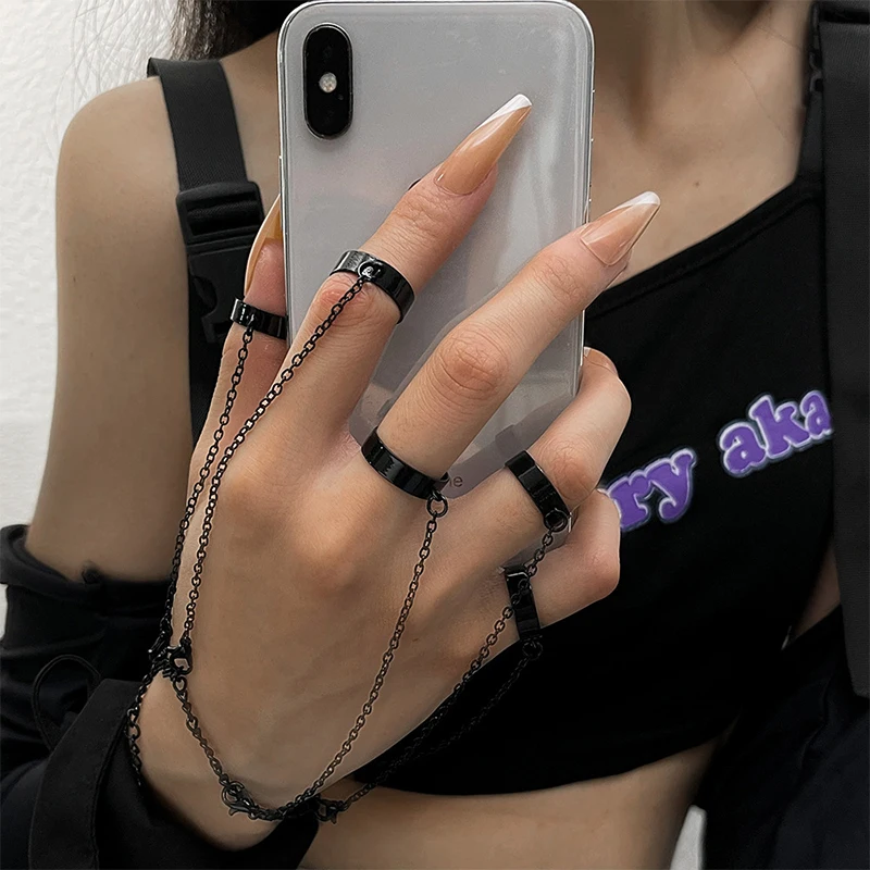 Punk strieborné farebné reťazové náramky Rings Rings for Women Men Charm Set pár emo odnímateľný prsteň 2023 módne šperky darček