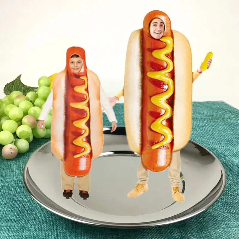 Purim Adult Kids Funny 3D tlač jedlá klobása Hot Dog kostýmy Halloween Men Ženy Jednodielne pizza kostým Carnival Food Costume