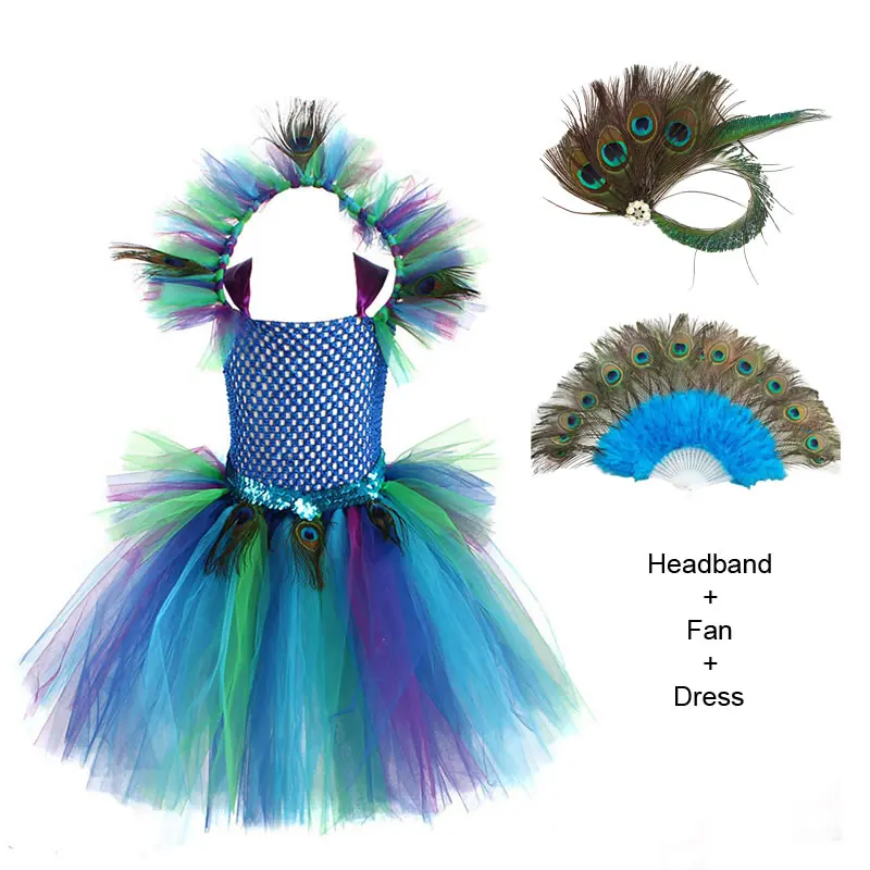 Purim Peacock Princess Dress For Girl Lace Party kostým slávnostné dieťa hore tunic+čelenka+fanúšik 3pc outfit detské šaty