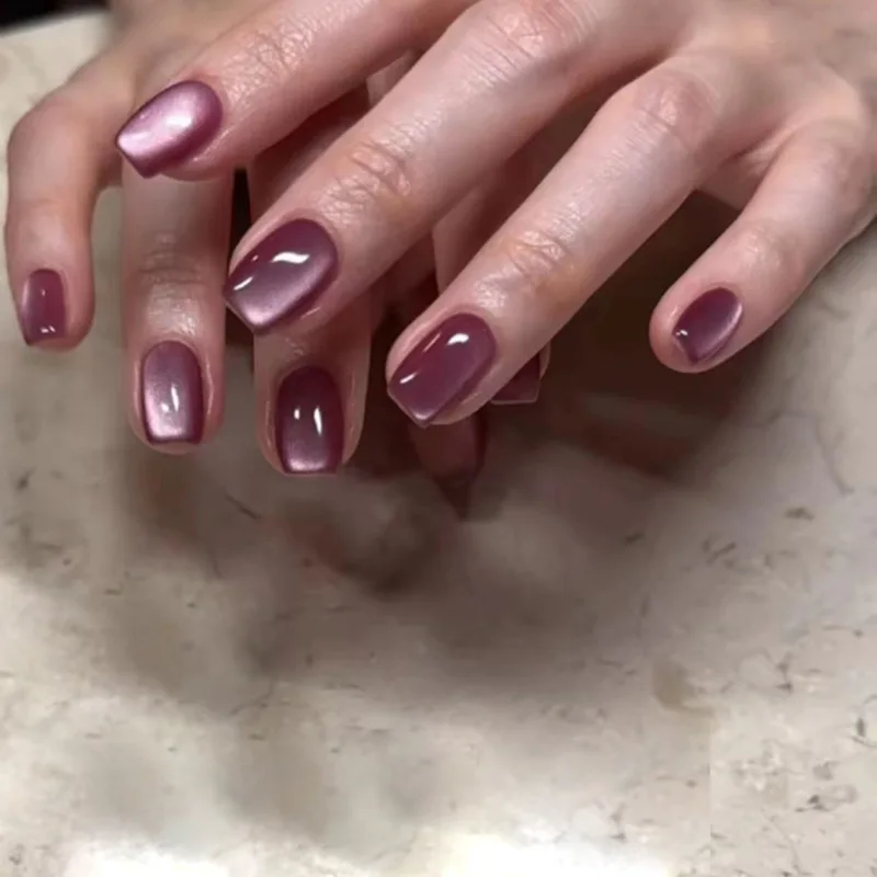 Purple Cat's Eye 24 PCS Press na nechty ružové gradienty falošné nechty lesklý umelý prst manikúru opakovane použiteľné falošné nechty pre ženy