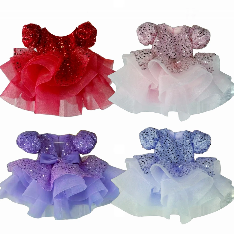 Purple Flower Girls Dievčatá Beading Puffy Tulle Ruckves Puffy Svadobná hostina detské narodeninové darčeky prvé spoločenské šaty