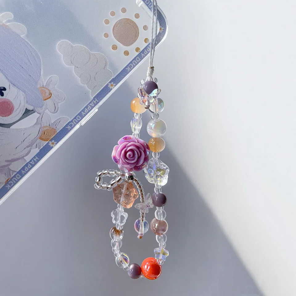 Purple ružové kvetinové panely kúzlo šnúrka motýľová sklenená hviezda korálky prívesok šperky pre kameru Keychain dievča