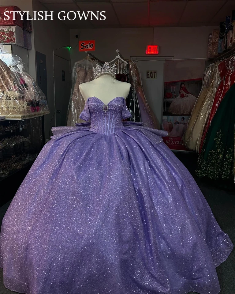 Purple z ramena quinceanera šaty guľôčkové korálky Crystal 2024 narodeniny luxusné šaty maturitné šaty prispôsobené