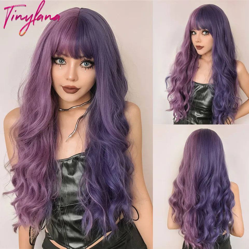 Purpurová dlhá vlnitá syntetická parochňa s ranami Cosplay vianočné Halloween Hair Dvojfázová ombre parochňa pre ženy