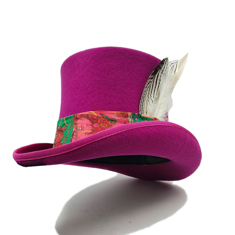Purpurová červená 100% vlnená čiapka pre mužov a ženy Fedora Top Gentleman Bowler Hat Black White Feather Magic Hat Prezident