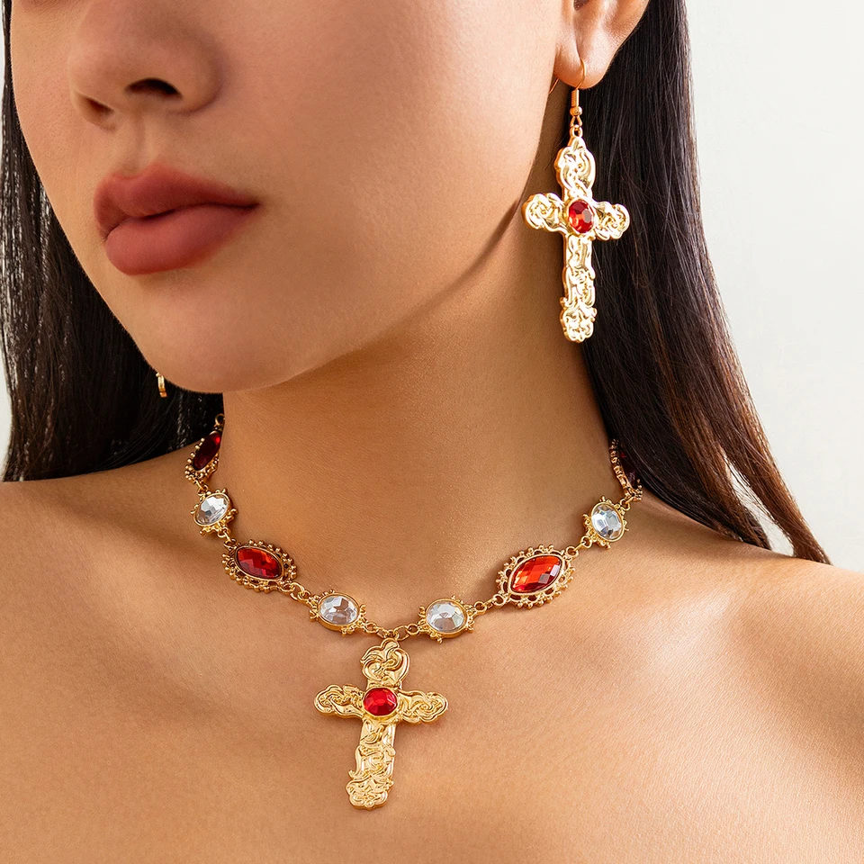 Purui Creative Boho Red Crystal Cross Ježišu prívesok Choker náhrdelník kvapky náušníc pre ženy kresťanský novoročný darček darček