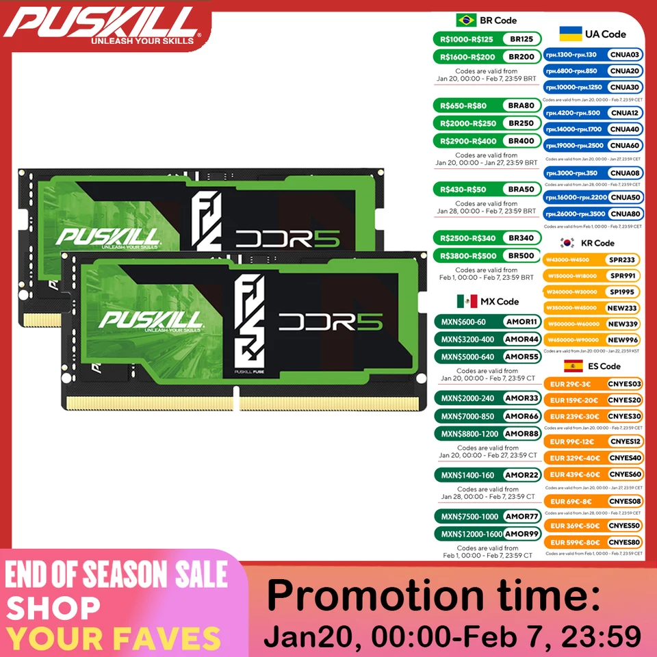 Puskill DDR5 Notebook RAM 32GB 16 GB 8 GB 1,1V 262-kolík 5600MHz 5200MHz 4800MHz CL46 CL42 CL40 pre pamäť sodimmu pre laptop sodimm