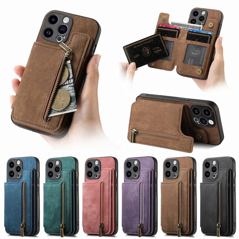 Puzdro na peňaženku zipsu pre iPhone 14 Pro Max 15 plus retro kože viac 4 karty 1 Cash Slot Back Cover Funda s Kickstandom
