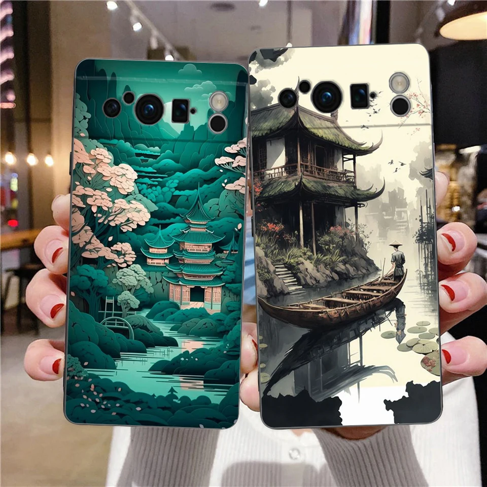 Puzdro na telefón pre Google Pixel 8 7 6 Pro 8a 7a 6a TPU Shell Soft Silikone Shock -odolný čierny obal japonská krajina