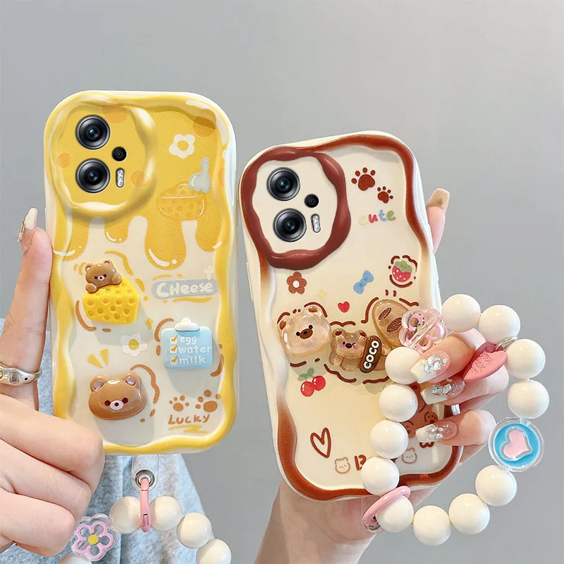 Puzdro na telefón s krémom pre telefón pre Xiaomi POCO M5S X3 X4 GT X5 F3 F4 M2 M3 M4 PRO C55 CIVI2 3D Cartoon Cutoon Cutoen Bracelet Wave Soft Cover