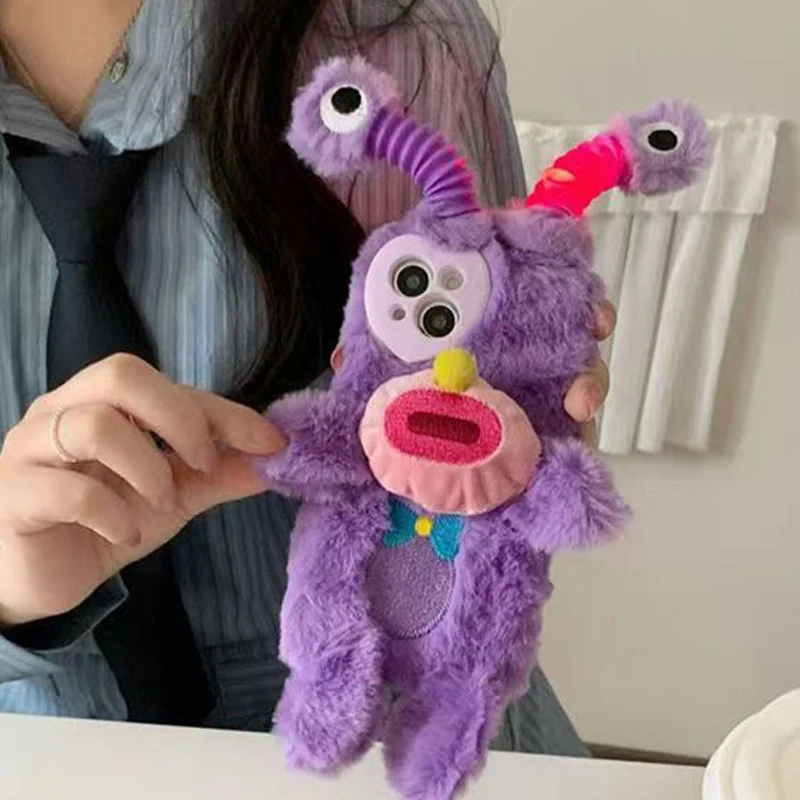 Puzdro na telefón s malým monštrom pre iPhone, plyšové žiariace, 15, 14, 13, 11, 12 pro, 8, 7 plus, x, 13 pro