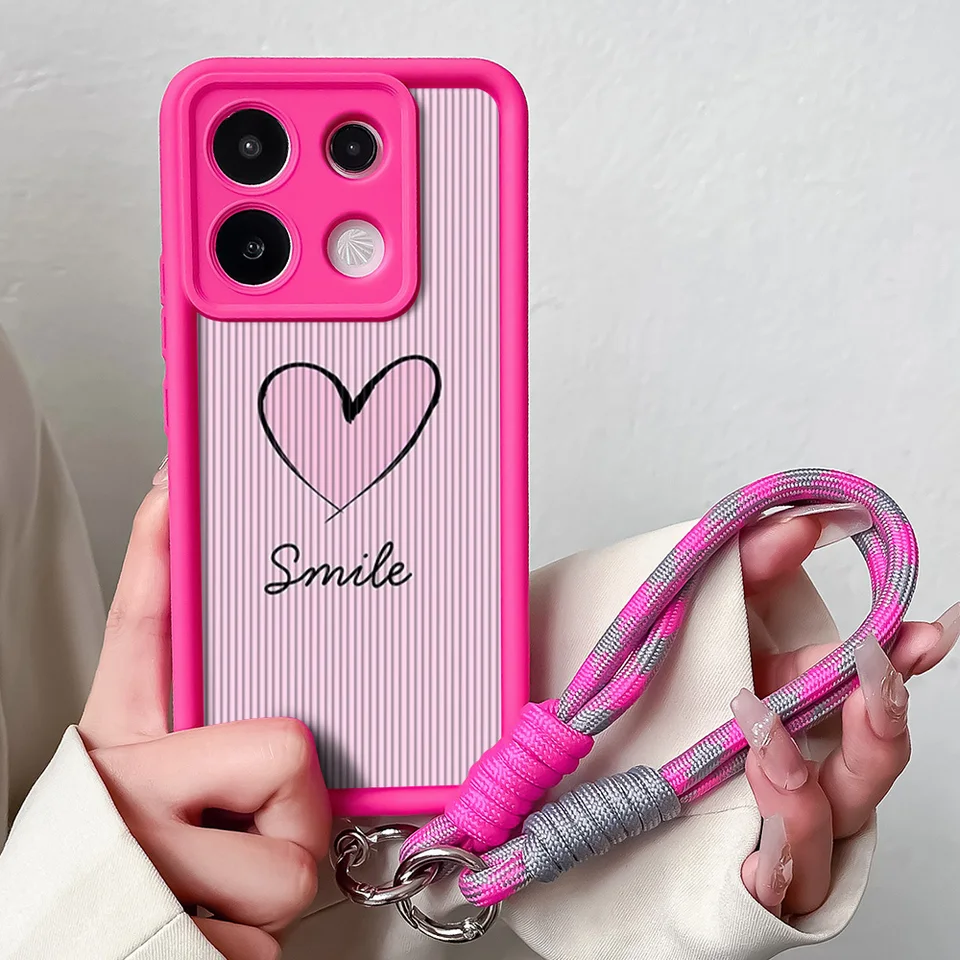 Puzdro na zápästie ružového srdca pre reťazec pre redmi poznámku 13 12 11 10 9 8 7 Pro Plus plus 11s 13c 12c Soft Shockproop After Ranyard Cover