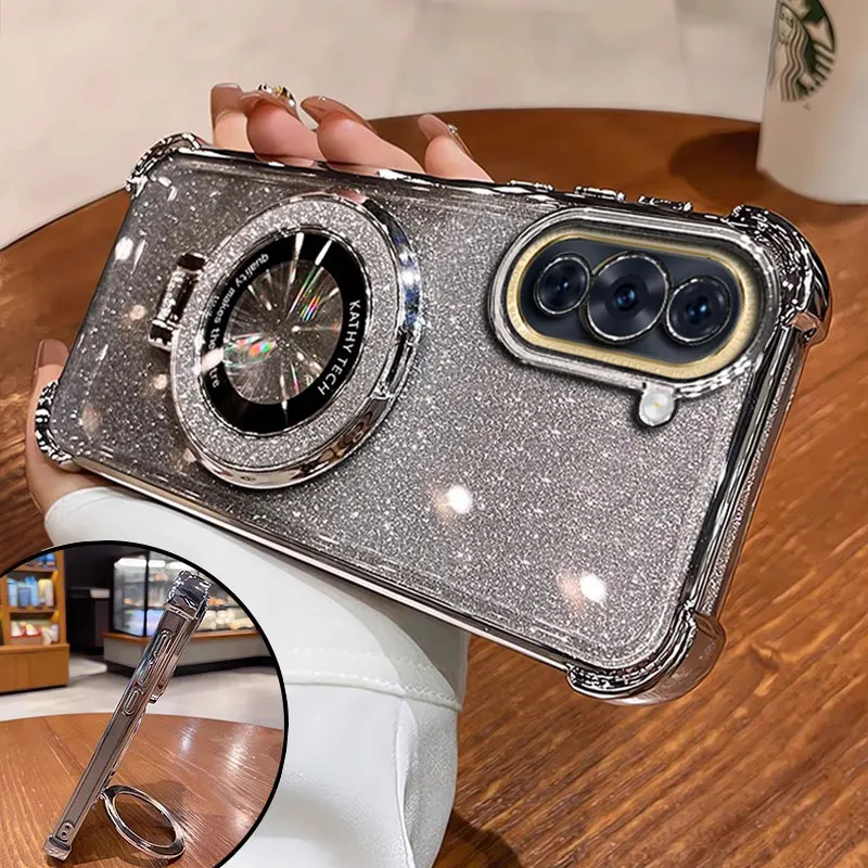 Puzdro Nova11 11Pro Luxusný magnetický držiak nárazový kryt pre Huawei Nova 11 12 10 9 9Se Pro Case s držiakom lesklý lesklý trblietky