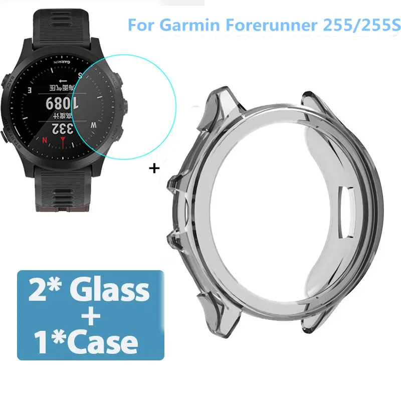 Puzdro pre chránič 2 v-1 + Chránič obrazovky pre Garmin Foreruner 255 Soft TPU Ochranný krycí sklenený sklenený sklenený film