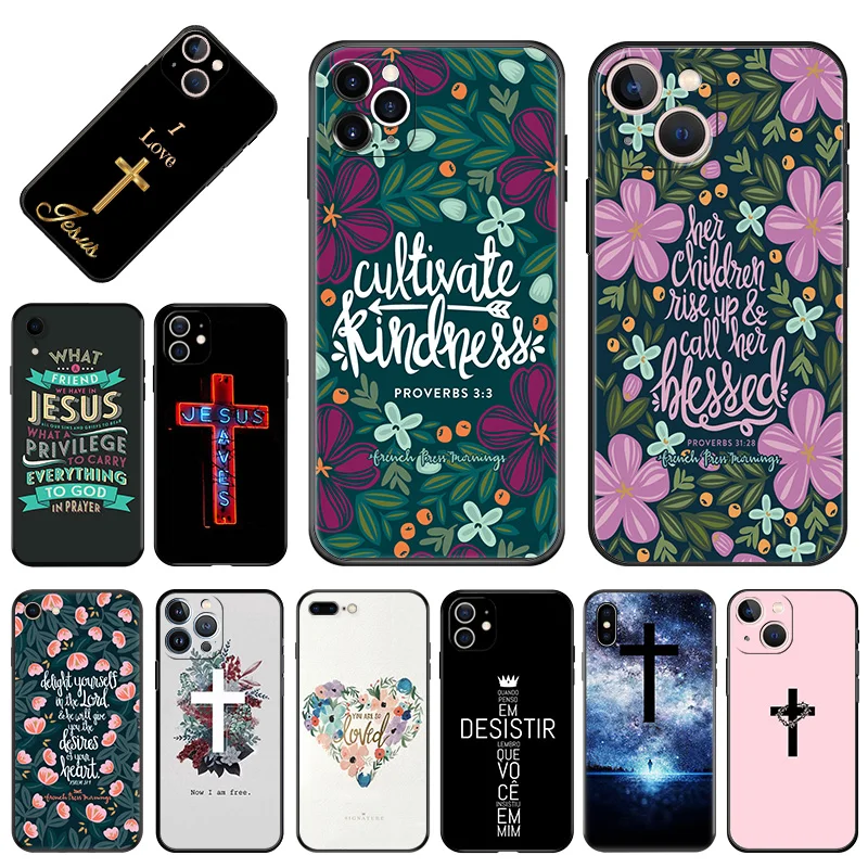 Puzdrá o mäkkých telefónoch pre iPhone 15Pro 14 13 Pro Max 12 11 Mini 7 8 15 Plus SE XS XR Biblia Ježiš Kristus Philippians Čierny matný obal
