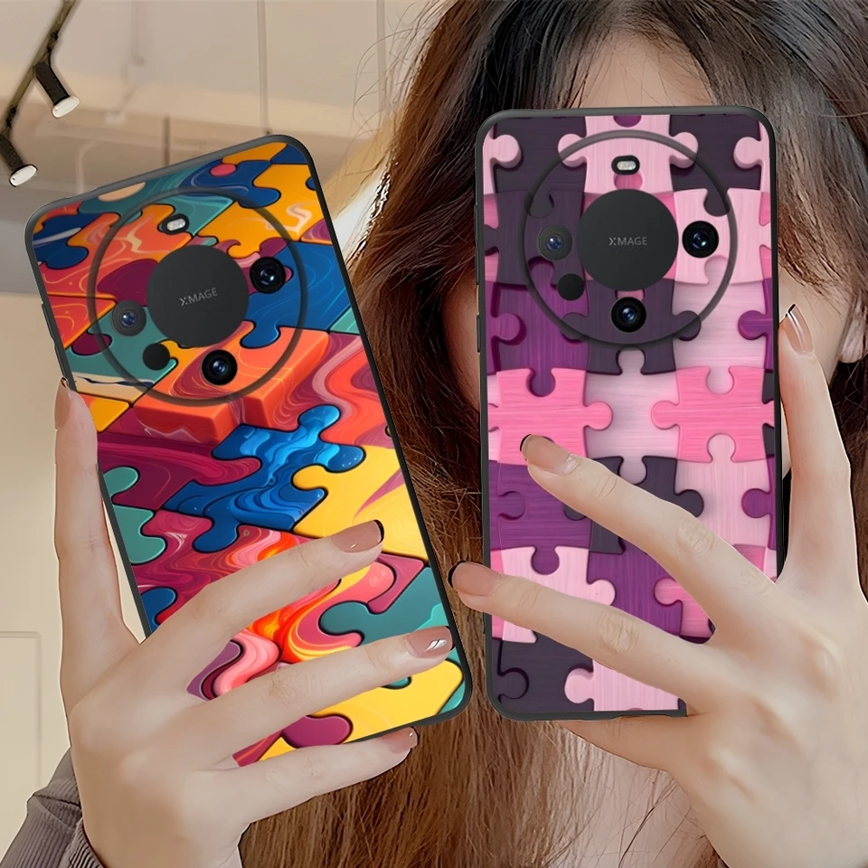 Puzzle Pretty Fashion Mobile Mobile Case Pase pre Huawei Mate 60 50 50 40 20 20 10 Pro Plus Lite E 5G Čierny kryt s mäkkým telefónom
