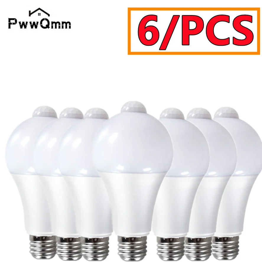 PWWQMM E27 6 PCS/ LOT PIR Sensor Lampa 9W 12W 18W 220V LED žiarovka s detektorom pohybu snímača pohybu