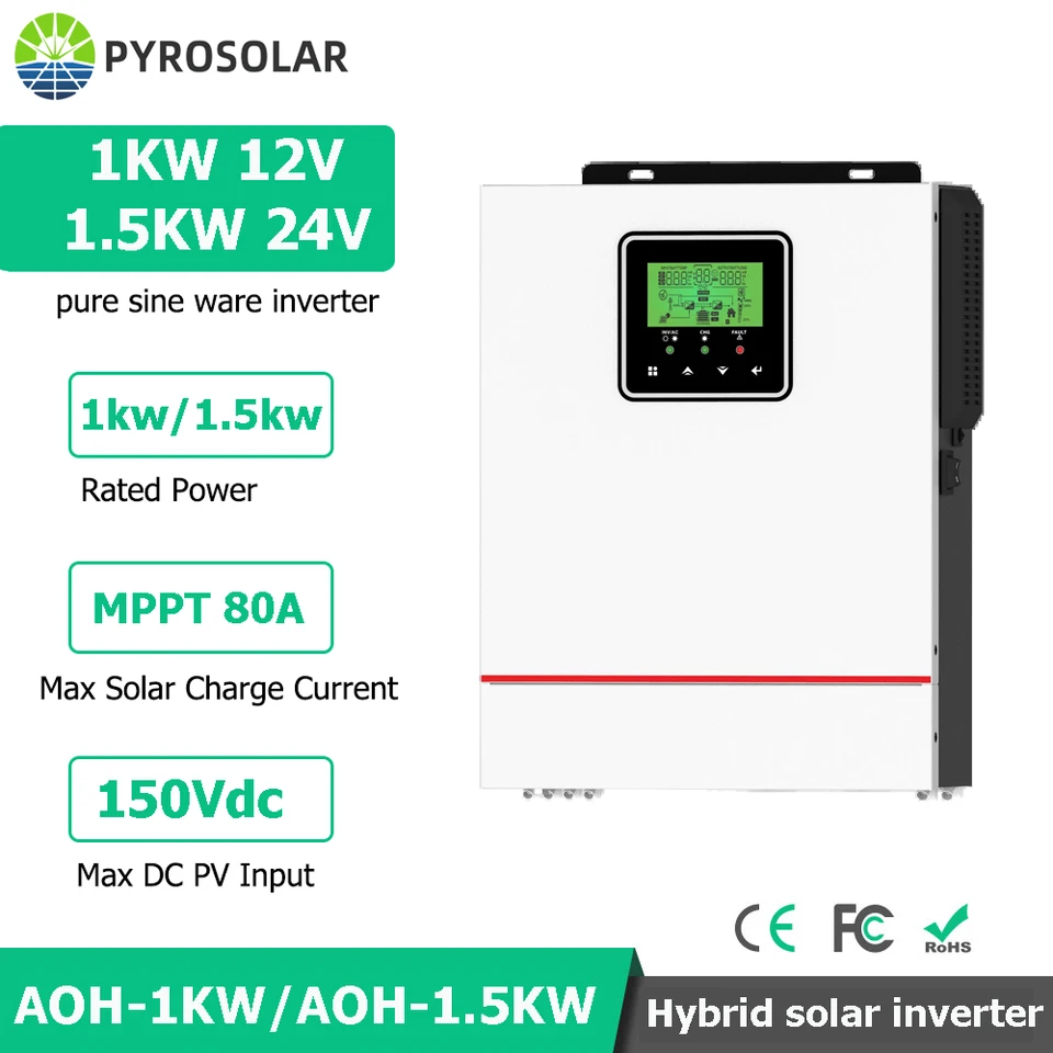 Pyrosolar 1KW 1,5KW Hybridný slnečný invertor 12V 24V 220V Pure Sine Wave Inverter Build-in 80A MPPT solárny regulátor