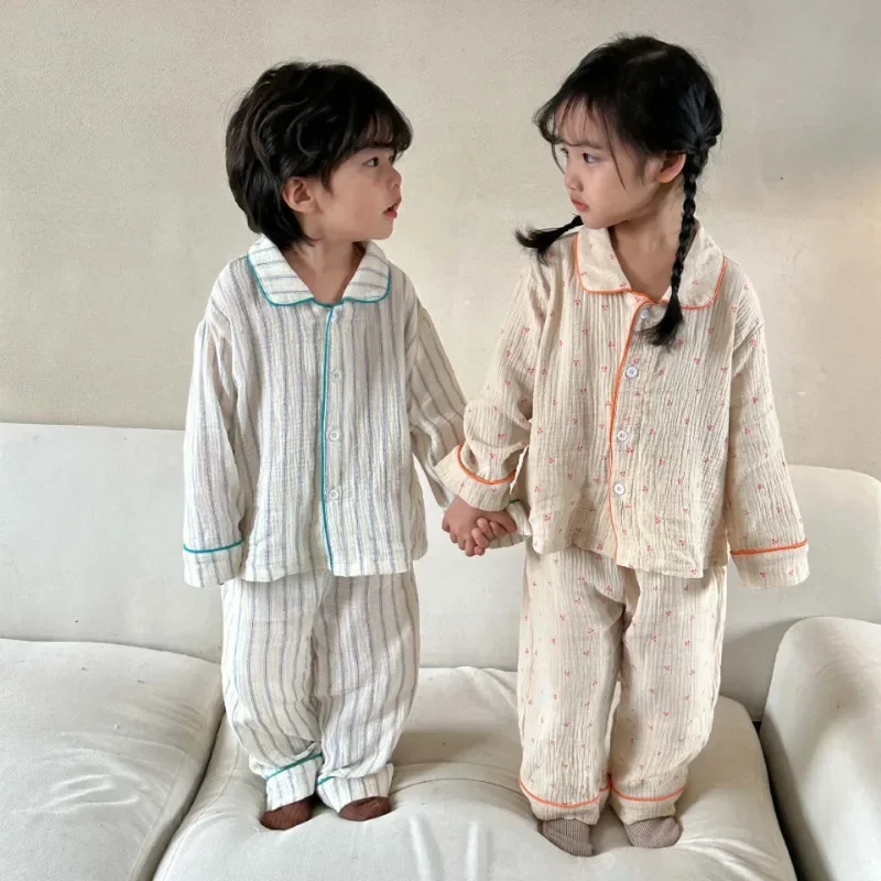 Pyžama súpravy Nová jarná jesenná sezóna Pure Cotton Gauze dieťa s dlhým rukávom Girl Boys Detins Clothing Sleepwear