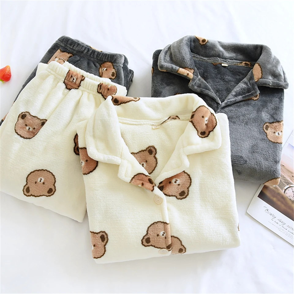Pyžamy koralového fleece Dámske zimné flanel Homewear Pants Dlhé rukávy hrubé plus fleecové teplé salónik Noste domáce oblečenie