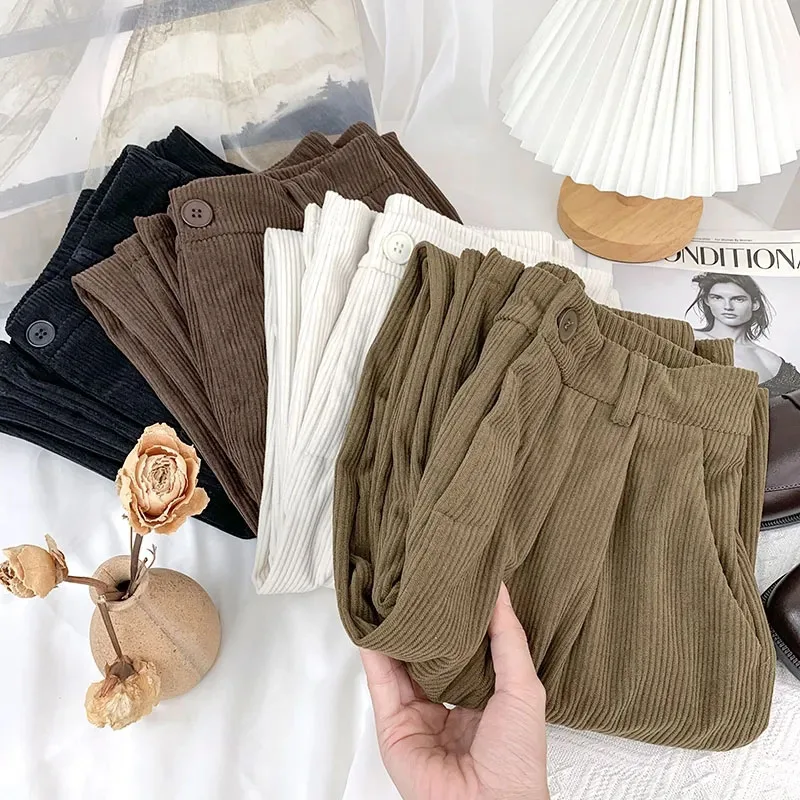 Pád husté teplé ženy Corduroy nohavice vysoký pás retro príležitostné priame nohavice Kórejské pevné vrecká všetky zápasia so širokými nohavicami nové nohavice nové